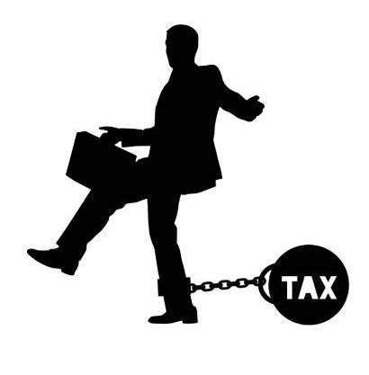 A man with a briefcase is chained to the word " tax ".